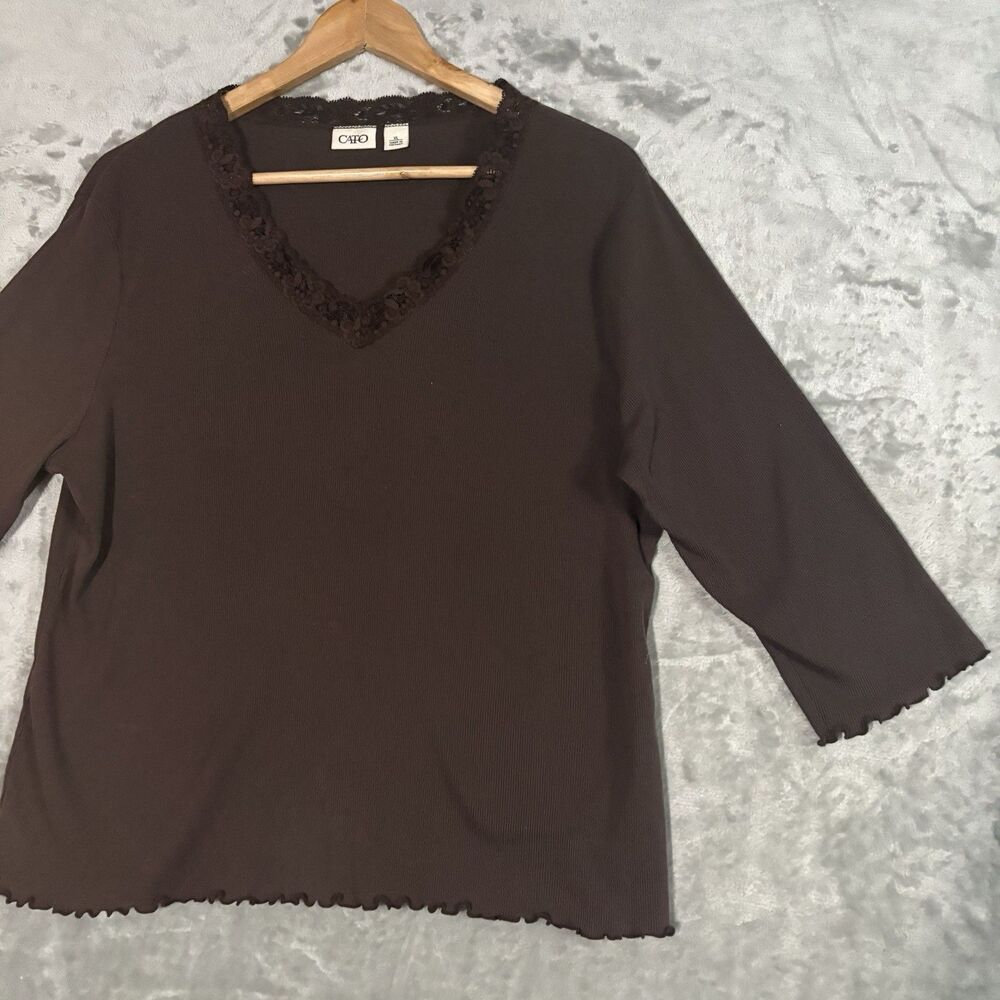 Cato Blouse XL Brown Ribbed V-Neck Lace Trim 3/4 Sleeve Top Y2K Grunge Boho